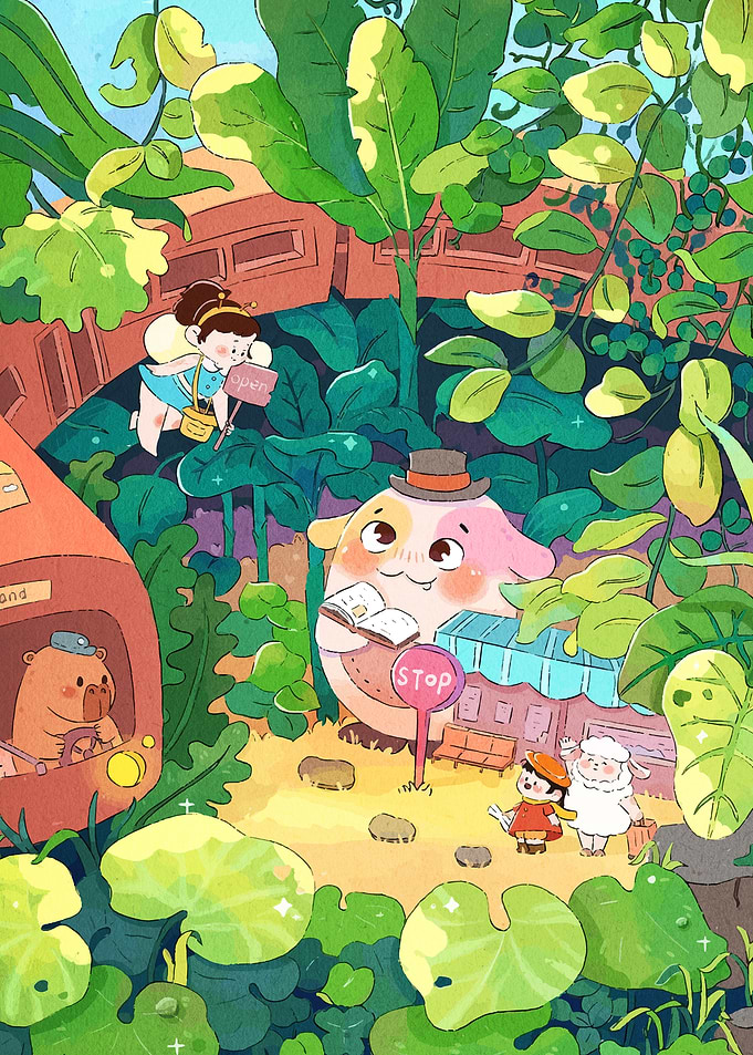Whimsical Forest Bus Stop Scene
