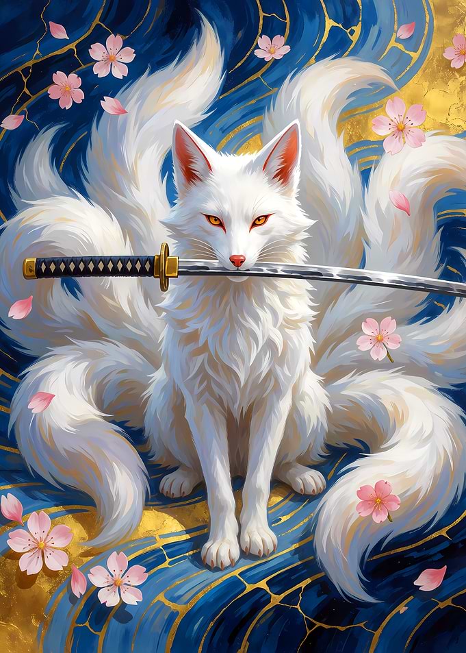 Nine-Tailed White Kitsune Fox with Katana