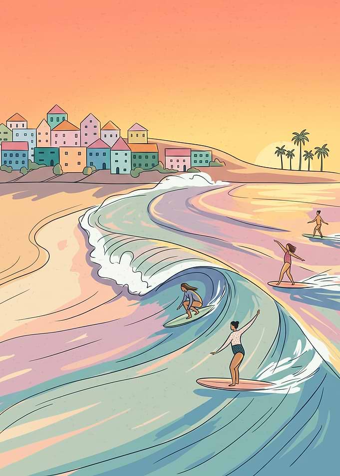Surfers at Sunset Coastal Town