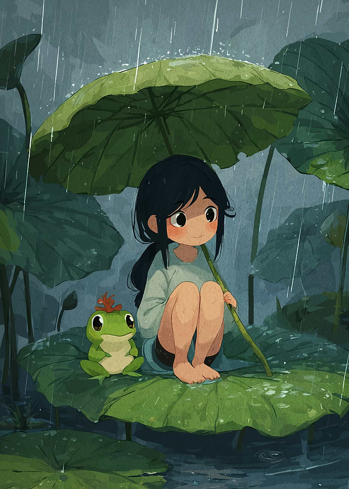 Girl and Frog Under Lotus Leaf
