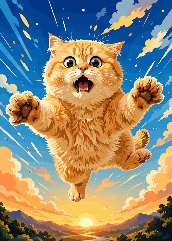 Excited Ginger Kitten Jumping in Sky