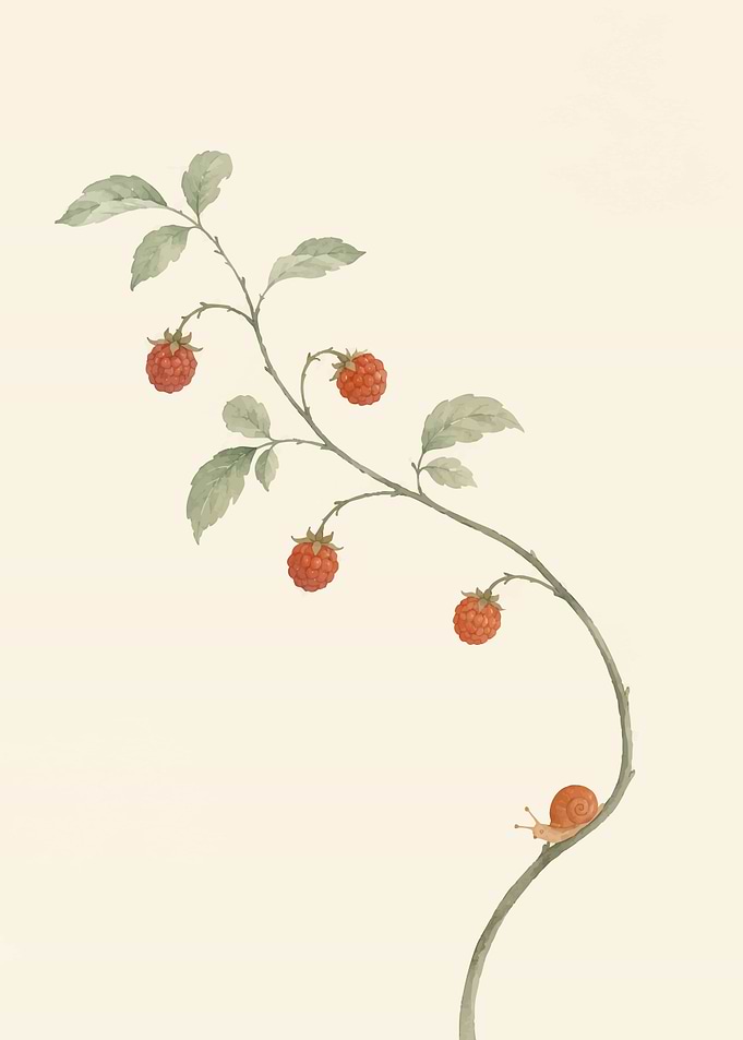 Snail Climbing a Raspberry Branch