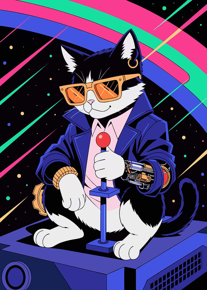 Cyberpunk Retro Gaming Cat Illustration
