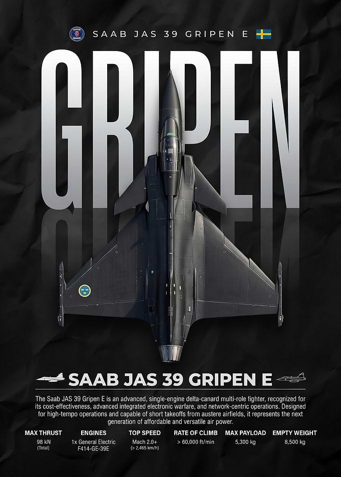 black Saab JAS 39 Gripen E Poster