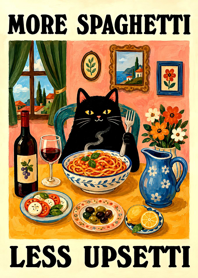 More Spaghetti Less Upsetti Cat Poster