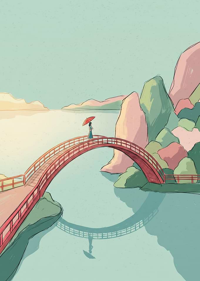 Woman with Umbrella on Red Bridge