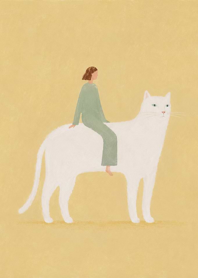 Woman Riding a Giant White Cat