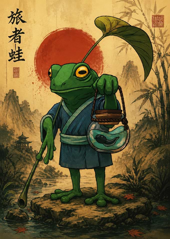 Traveling Frog Samurai with Tadpole Lantern