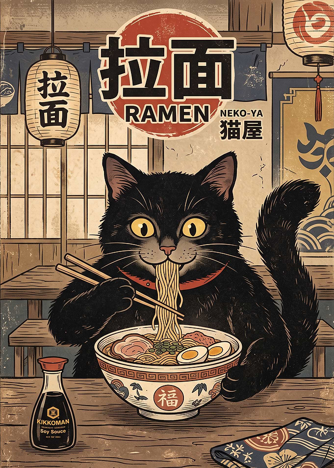 Black Cat Eating Ramen Poster
