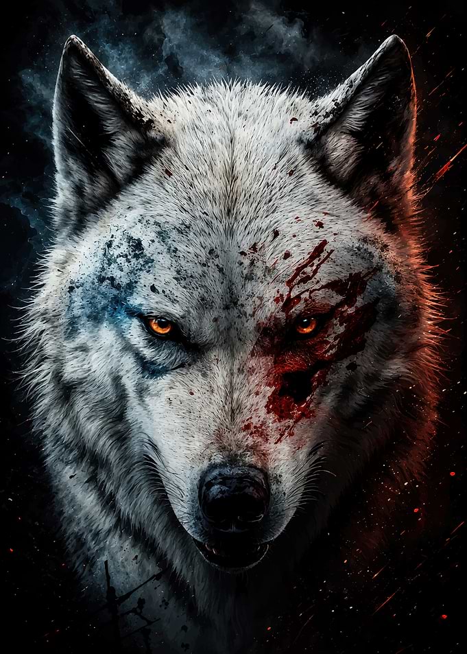 Fierce Battle-Scarred White Wolf Portrait