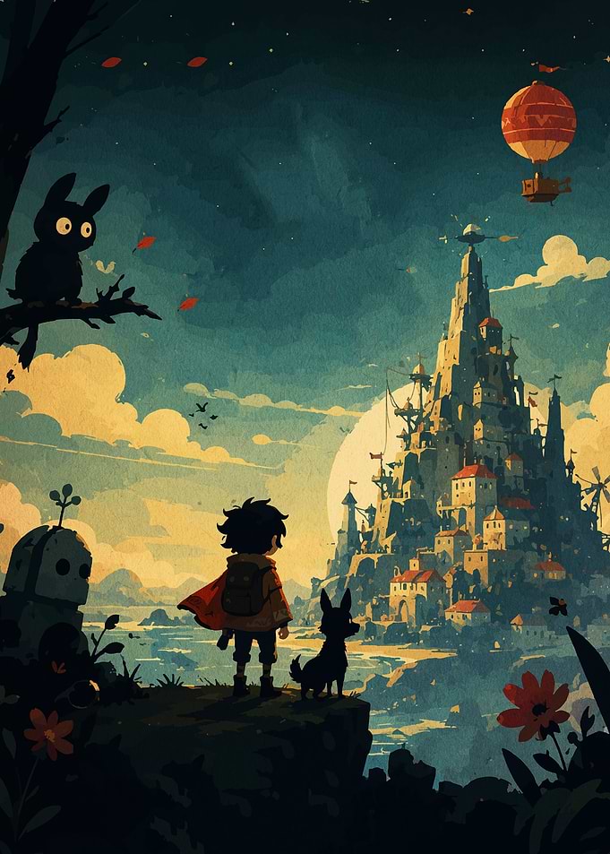 Boy and Dog Discovering Fantasy City