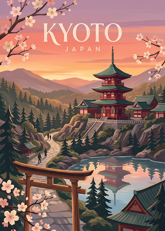 Historic Kyoto Pagoda Reflected on Alpine Lake