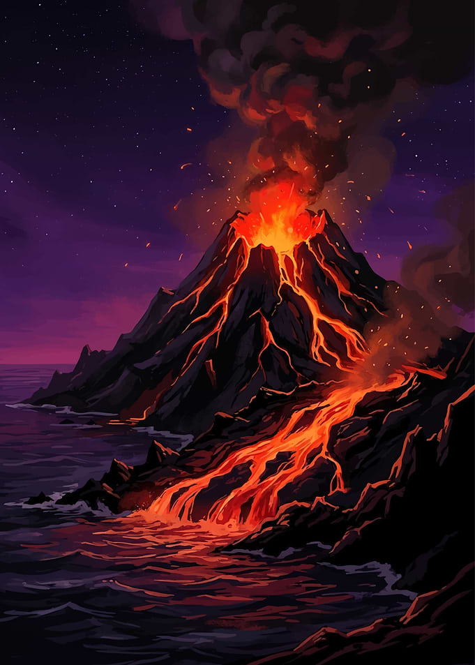 Volcanic Eruption at Night