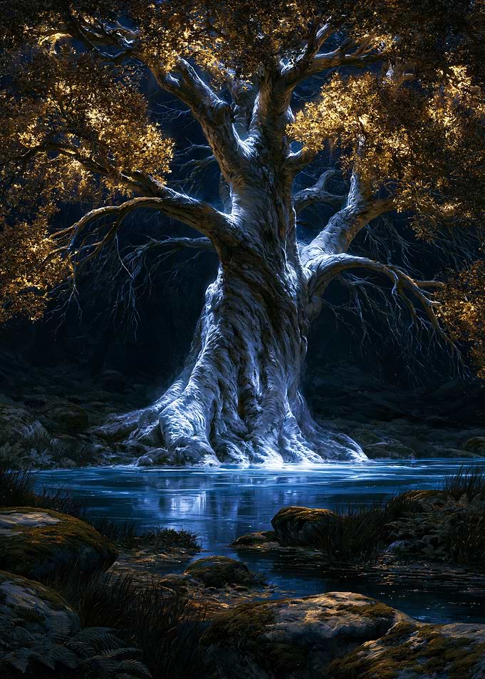 Ethereal Golden Tree by Moonlight