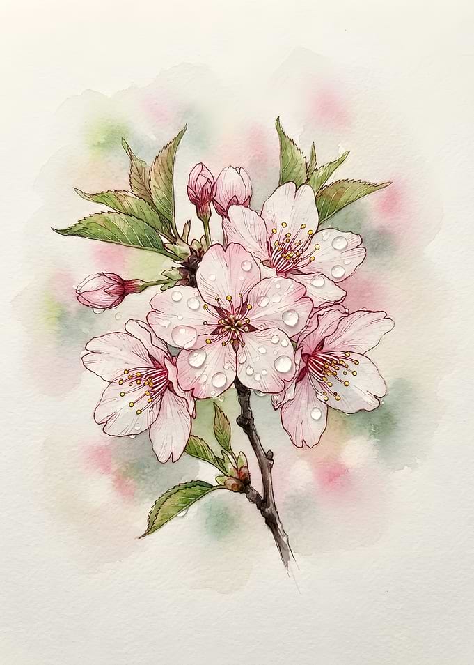 Watercolor Cherry Blossom Branch Illustration