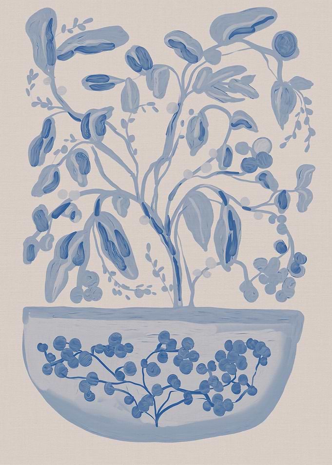 Blue and White Potted Plant Illustration