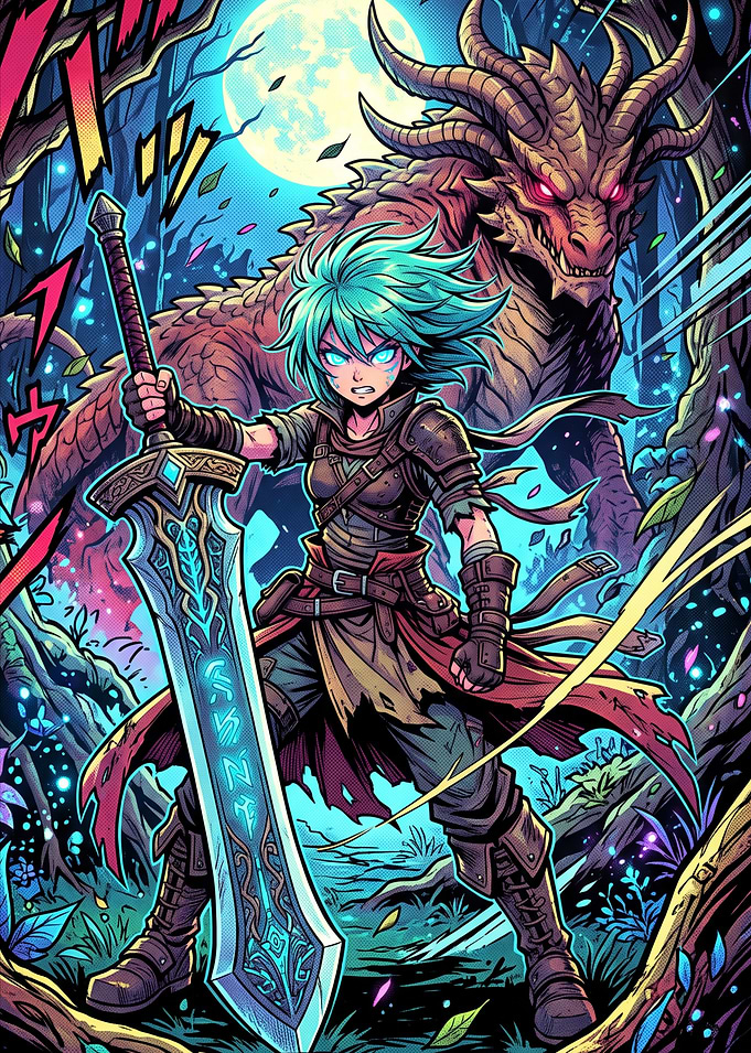 Warrior Girl with Glowing Sword and Dragon