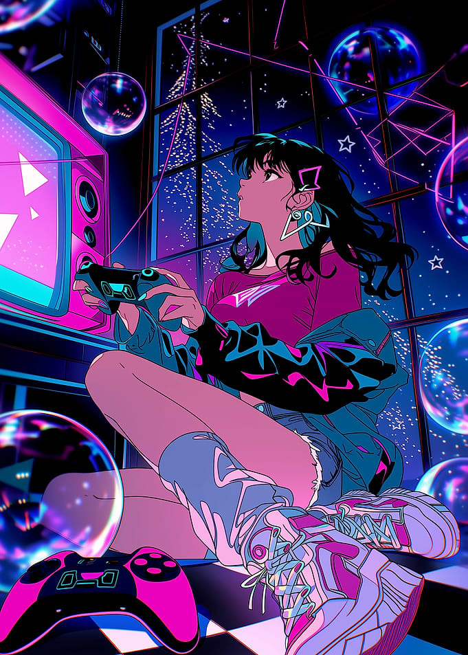 Cyberpunk Anime Girl Gaming at Night