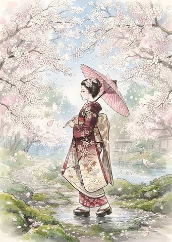 Geisha Walking Through Cherry Blossoms