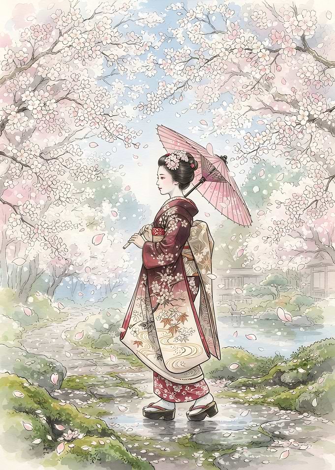 Geisha Walking Through Cherry Blossoms