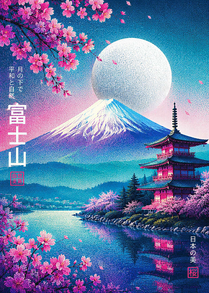 Mount Fuji and Pagoda at Night