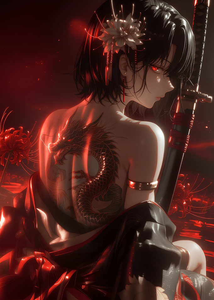 Anime Woman with Dragon Tattoo and Katana – Red Spider Lily Dark Fantasy Art