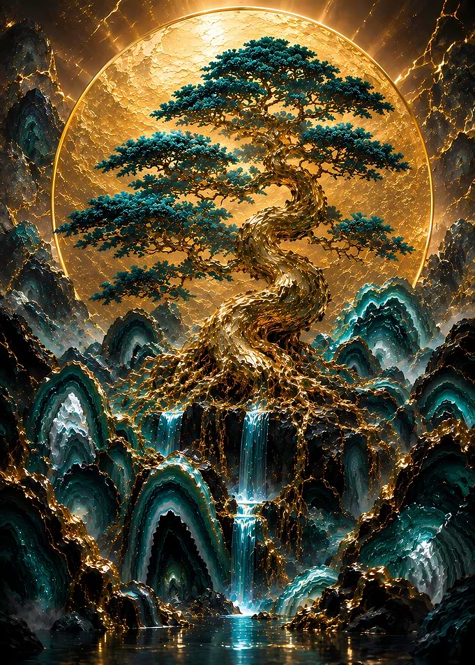 Golden Bonsai Tree Under Moon