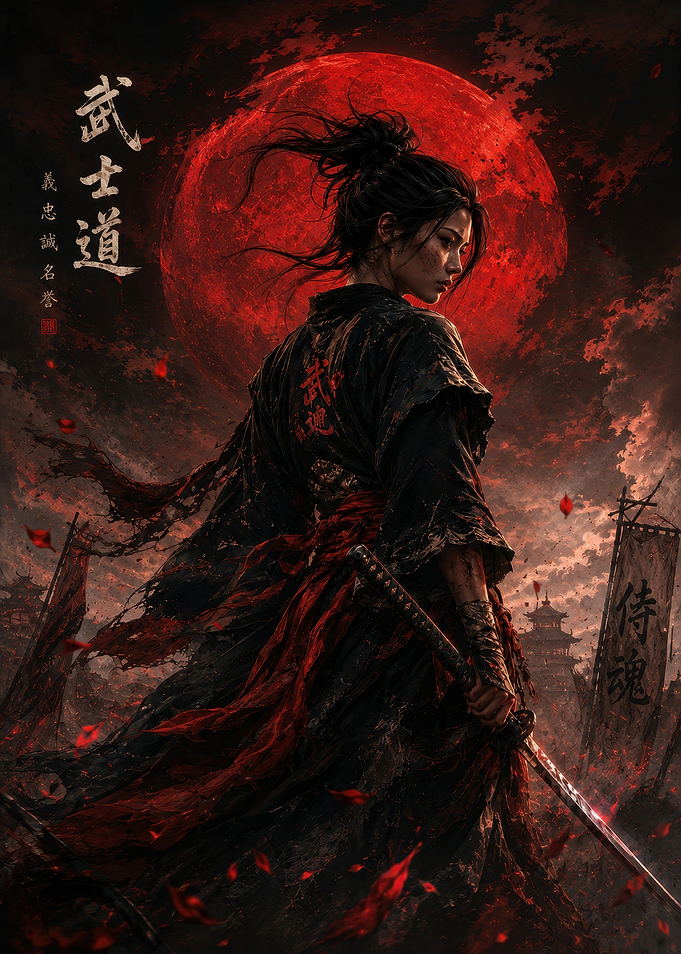Female Samurai Under Red Moon