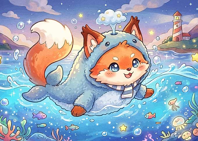 Cute Fox Whale Hybrid Illustration