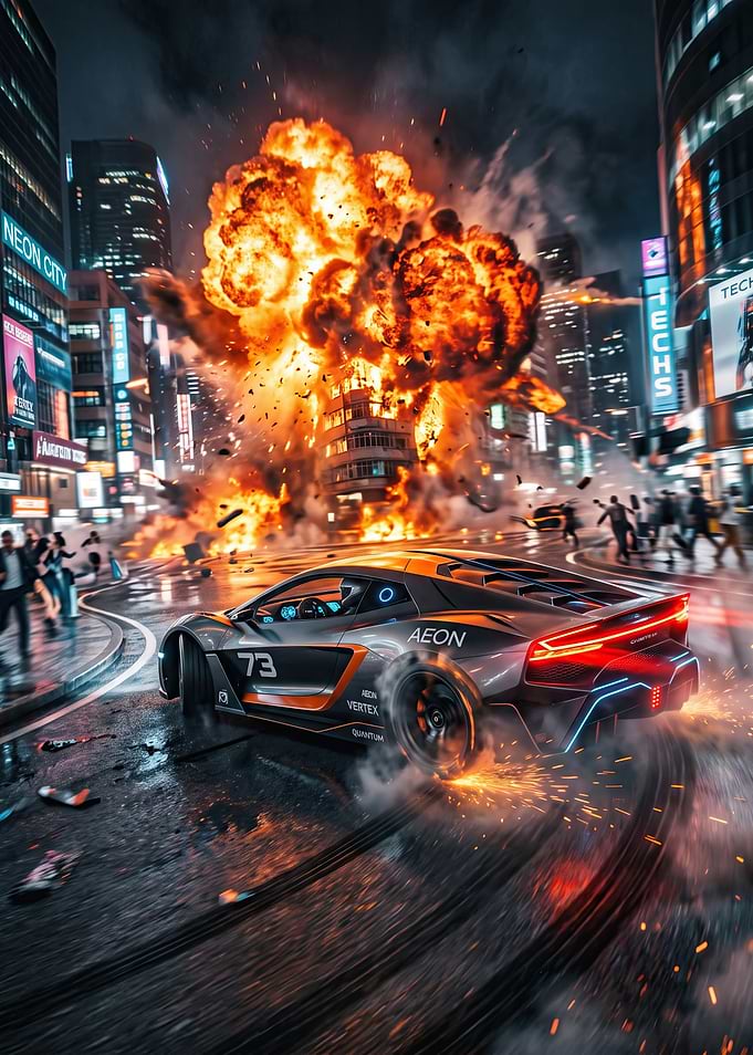 Futuristic Sports Car Drifting Amidst Explosion