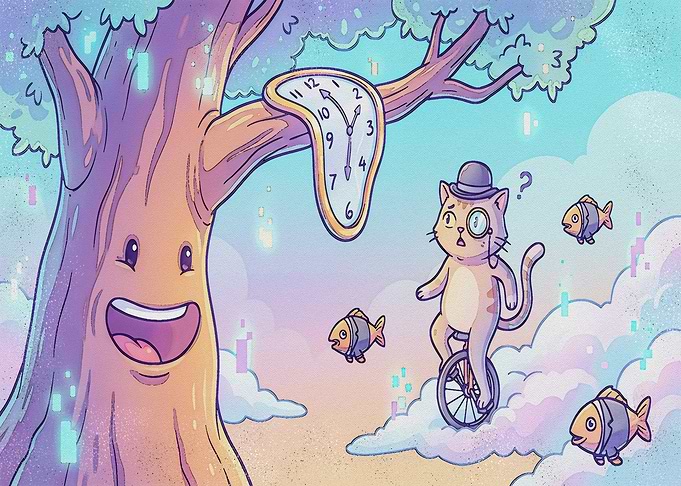 Surreal Cat Riding Unicycle in Clouds