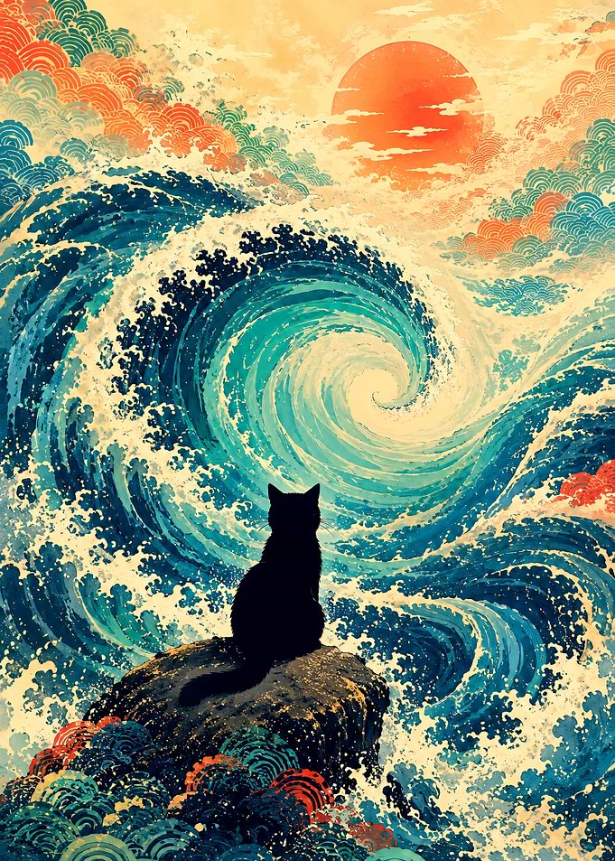 Black Cat Watching Great Wave