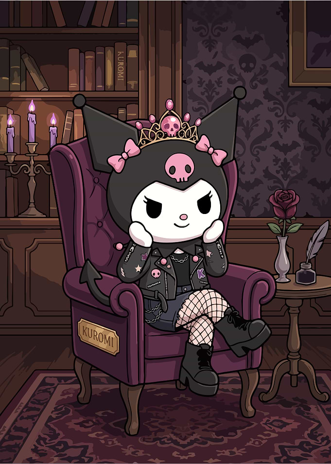 Kuromi Sitting in Gothic Library