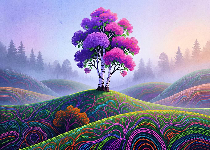 Vibrant Pointillist Landscape with Birch Tree