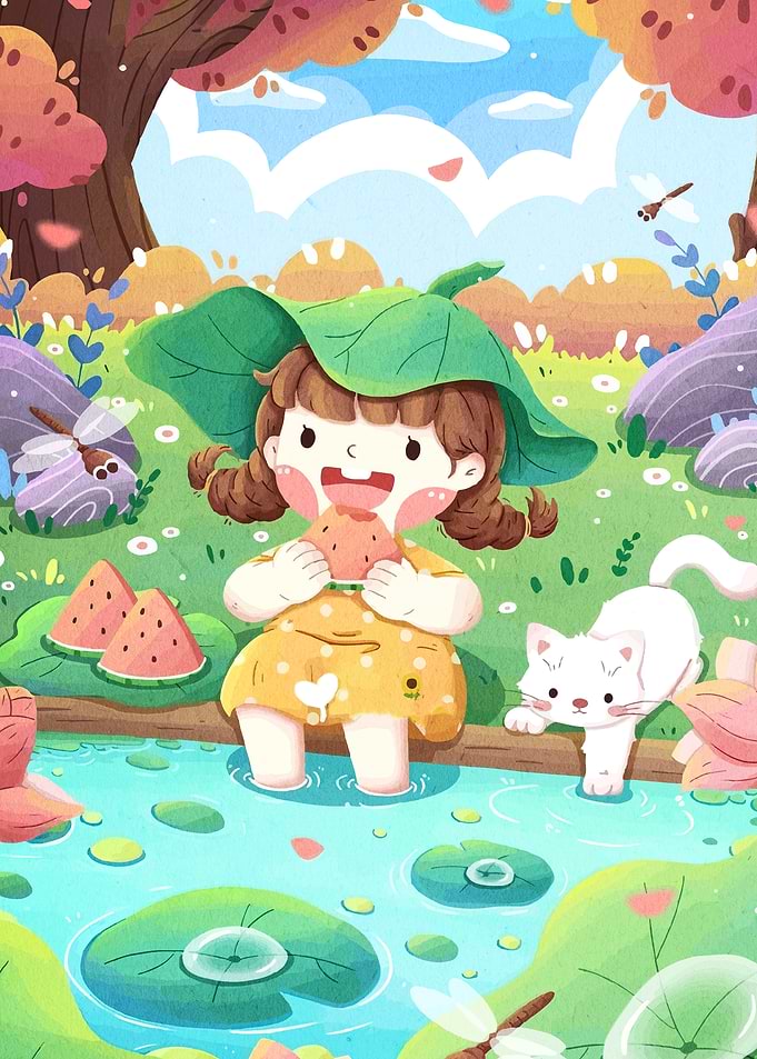 Girl Eating Watermelon by Pond
