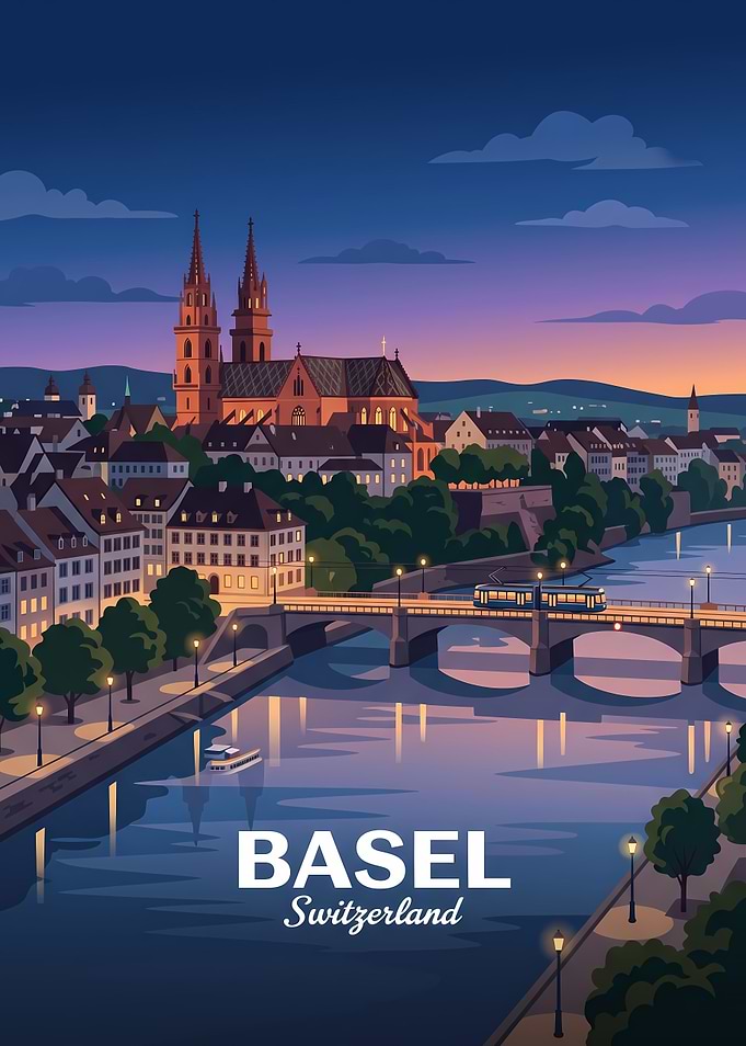 Basel Switzerland Cityscape Travel Poster