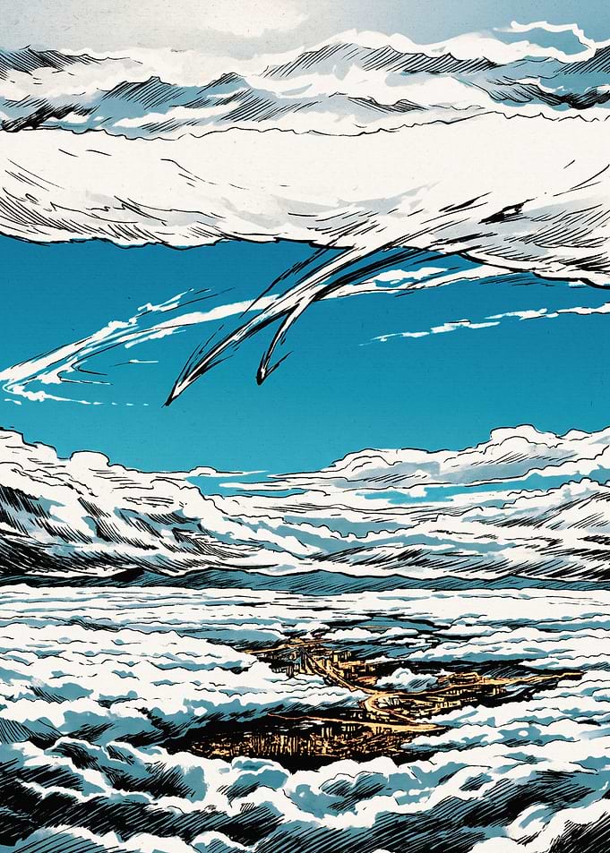 Comic Book Style City Above Clouds