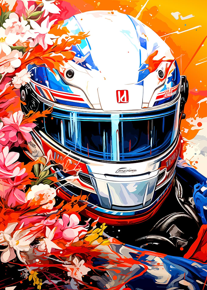 Racing Helmet Surrounded by Vibrant Flowers