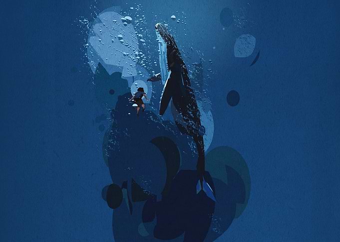 Diver Swimming with Humpback Whale