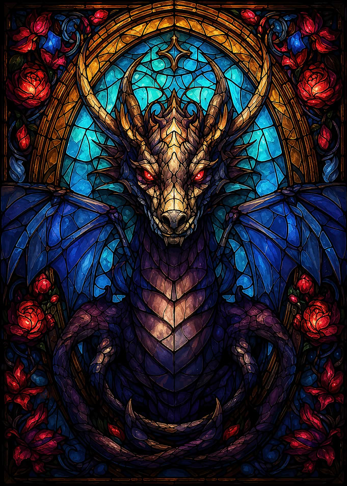 Stained Glass Dragon with Red Roses