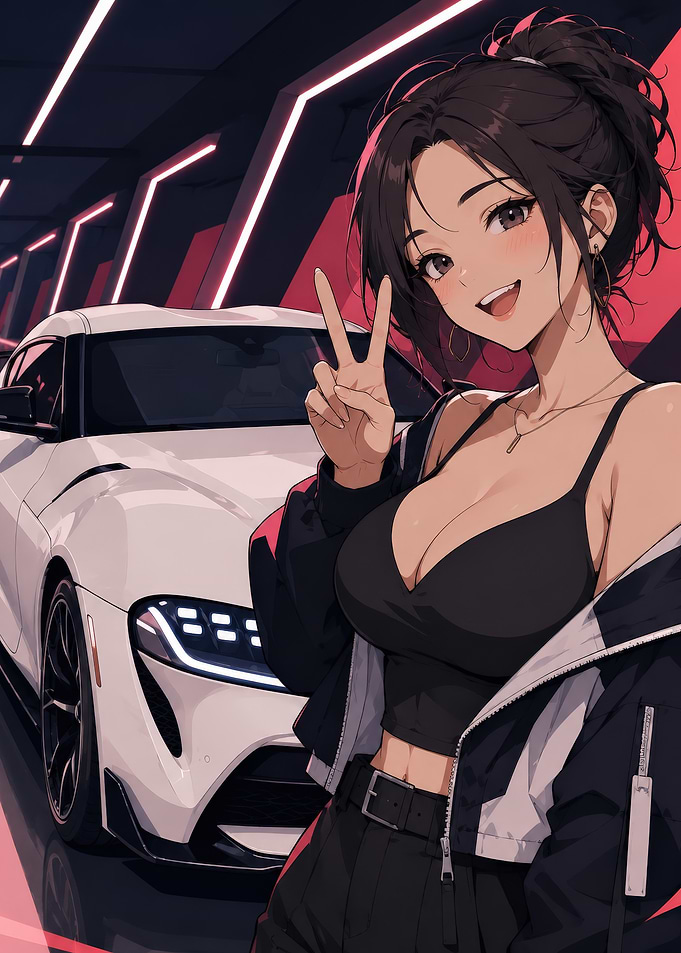 Anime Girl Posing with White Sports Car