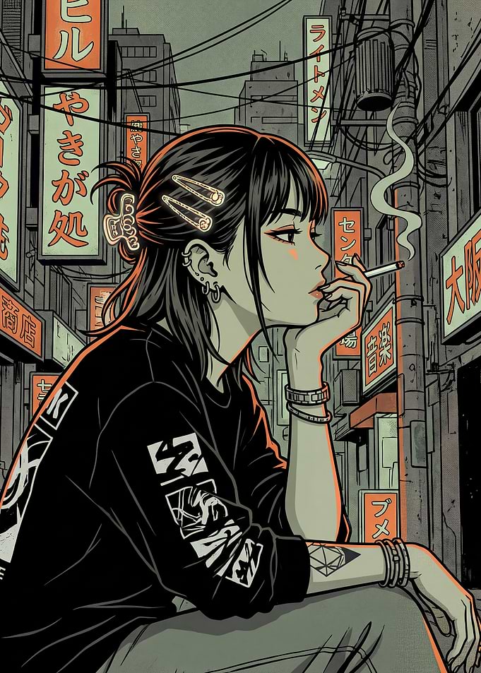 Anime Girl Smoking in Neon Alley