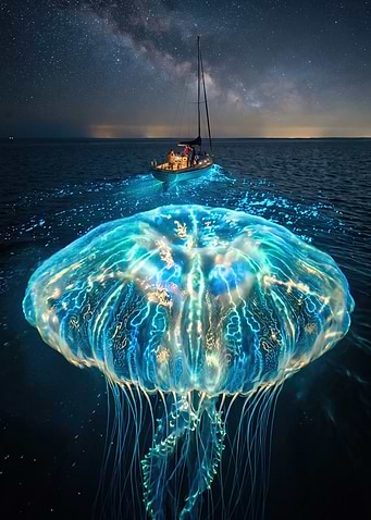 Bioluminescent Jellyfish and Sailboat at Night