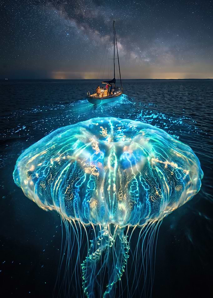 Bioluminescent Jellyfish and Sailboat at Night