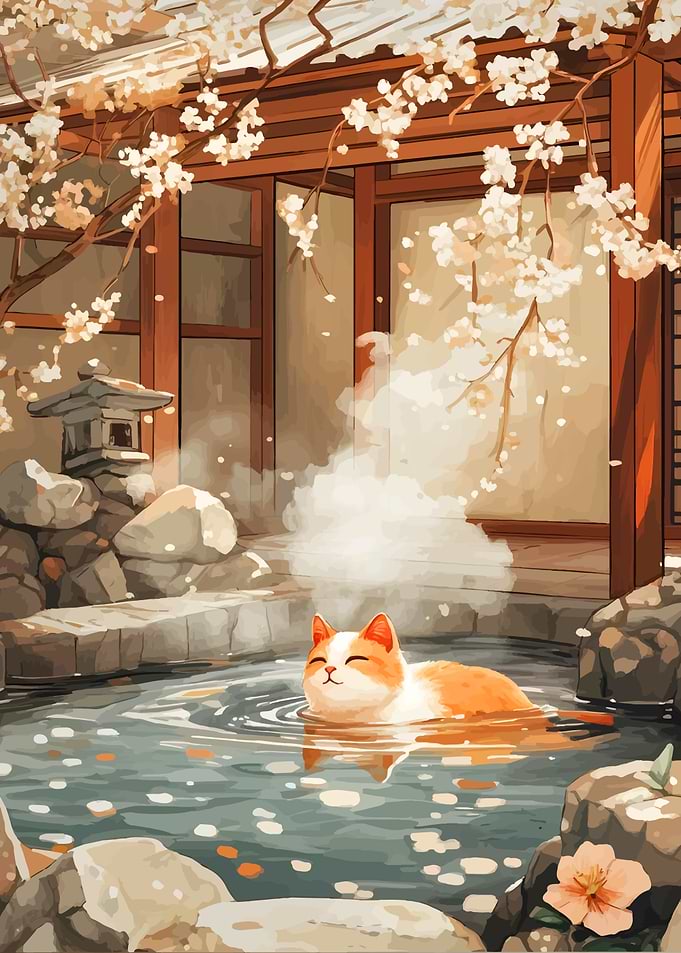 Cat Relaxing in Japanese Hot Spring