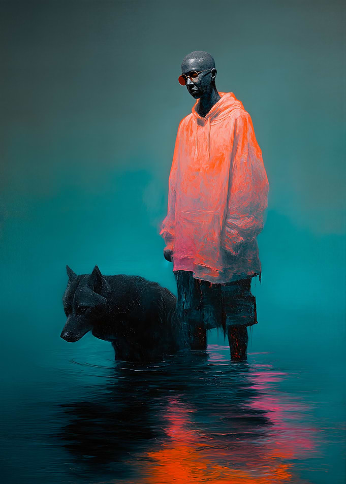 Wolf and hoodie in the water of unsaid sentences