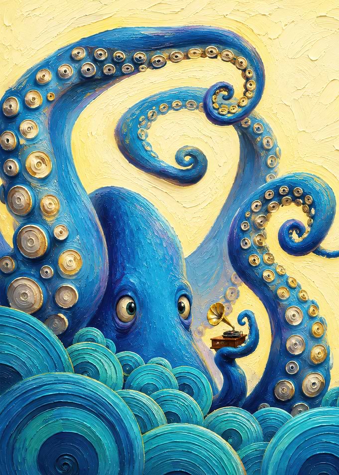 Blue Octopus Listening to Vintage Gramophone