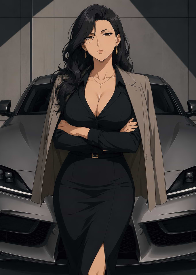 Elegant Businesswoman Posing With Sports Car