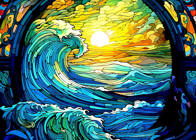 Stained Glass Ocean Wave Sunset