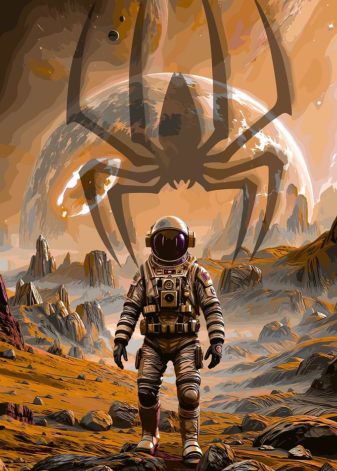 Astronaut Facing Giant Alien Spider